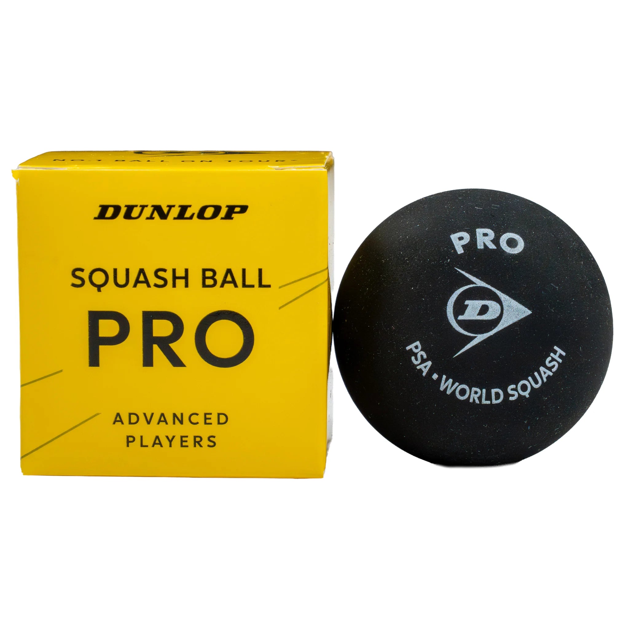 Product image of Dunlop Pro Squash Ball single ball box and ball, highlighting the double yellow dot ball beside the box.
