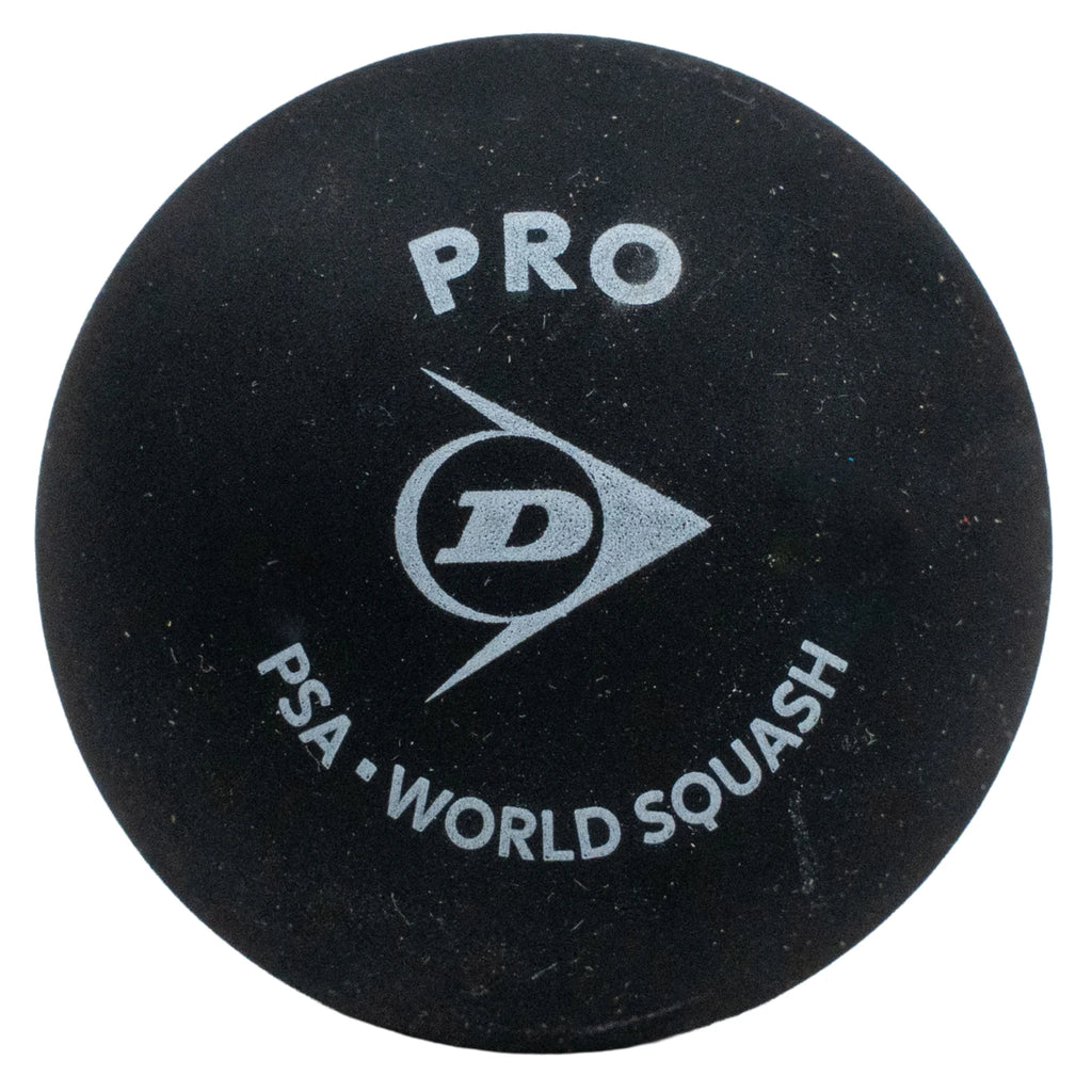 Product image of Dunlop Pro Squash Ball double yellow dot, highlighting the Dunlop logo printed on the standard-size ball.