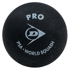 Product image of Dunlop Pro Squash Ball double yellow dot, highlighting the Dunlop logo printed on the standard-size ball.