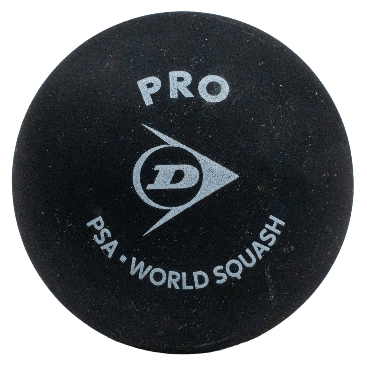 Product image of Dunlop Pro Squash Ball double yellow dot, highlighting the Dunlop logo printed on the standard-size ball.