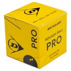 Product box image of Dunlop Pro Squash Ball double yellow dot, highlighting the individual single ball box packaging.
