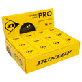 Product box image of Dunlop Pro Squash Ball 1 dozen pack, highlighting 12 single ball boxes for competitive squash.