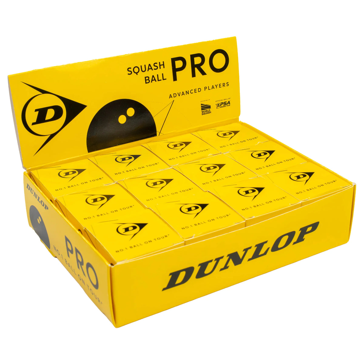 Product box image of Dunlop Pro Squash Ball 1 dozen pack, highlighting 12 single ball boxes for competitive squash.