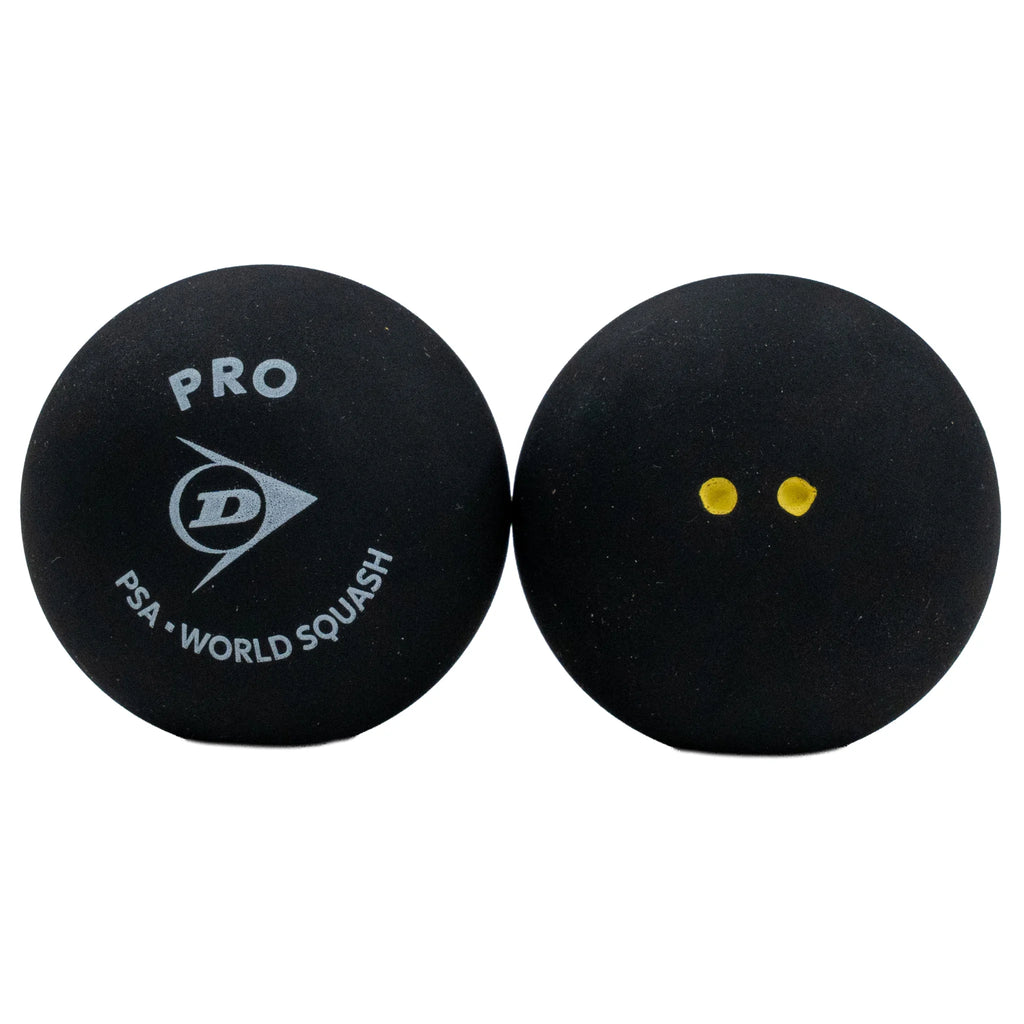 Product image of Dunlop Pro Squash Ball with two balls, highlighting the Dunlop logo and double yellow dot