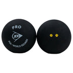 Product image of Dunlop Pro Squash Ball with two balls, highlighting the Dunlop logo and double yellow dot
