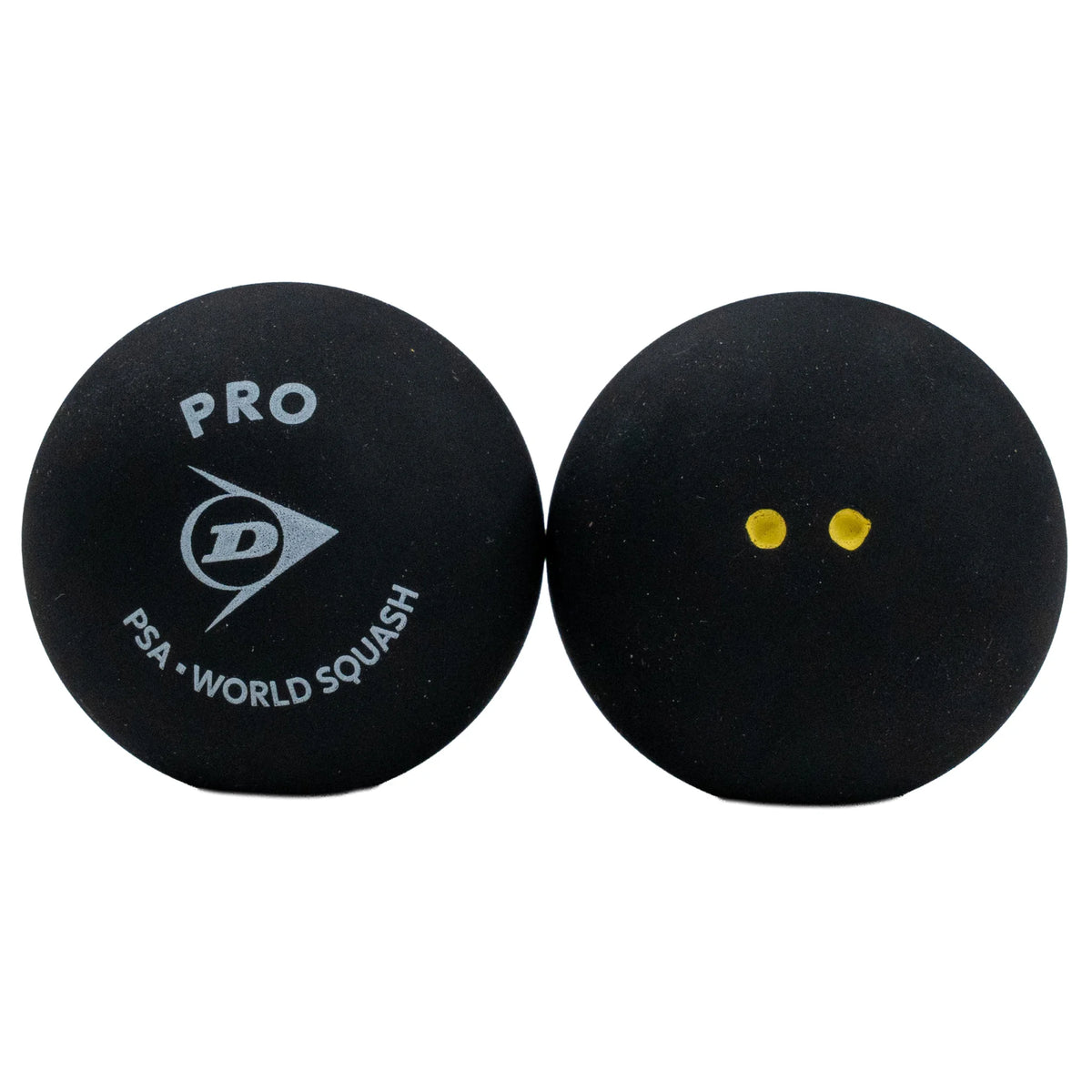 Product image of Dunlop Pro Squash Ball with two balls, highlighting the Dunlop logo and double yellow dot