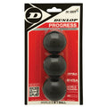 Front view of Dunlop Progress squash balls 3-ball pack, 6% larger with 20% longer hang time, highlighting WSF and PSA logos.