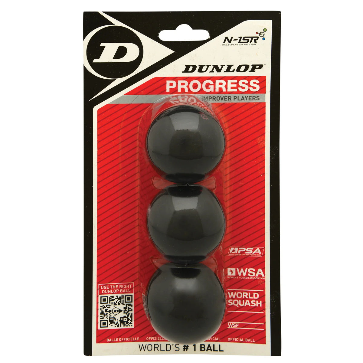Front view of Dunlop Progress squash balls 3-ball pack, 6% larger with 20% longer hang time, highlighting WSF and PSA logos.
