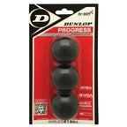 Front view of Dunlop Progress squash balls 3-ball pack, 6% larger with 20% longer hang time, highlighting WSF and PSA logos.