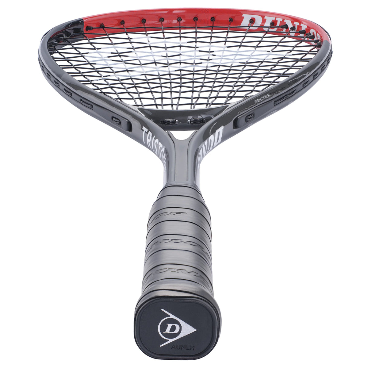 Bottom image of Dunlop Tristorm Lite Squash Racket, highlighting the handle base and aluminium frame construction