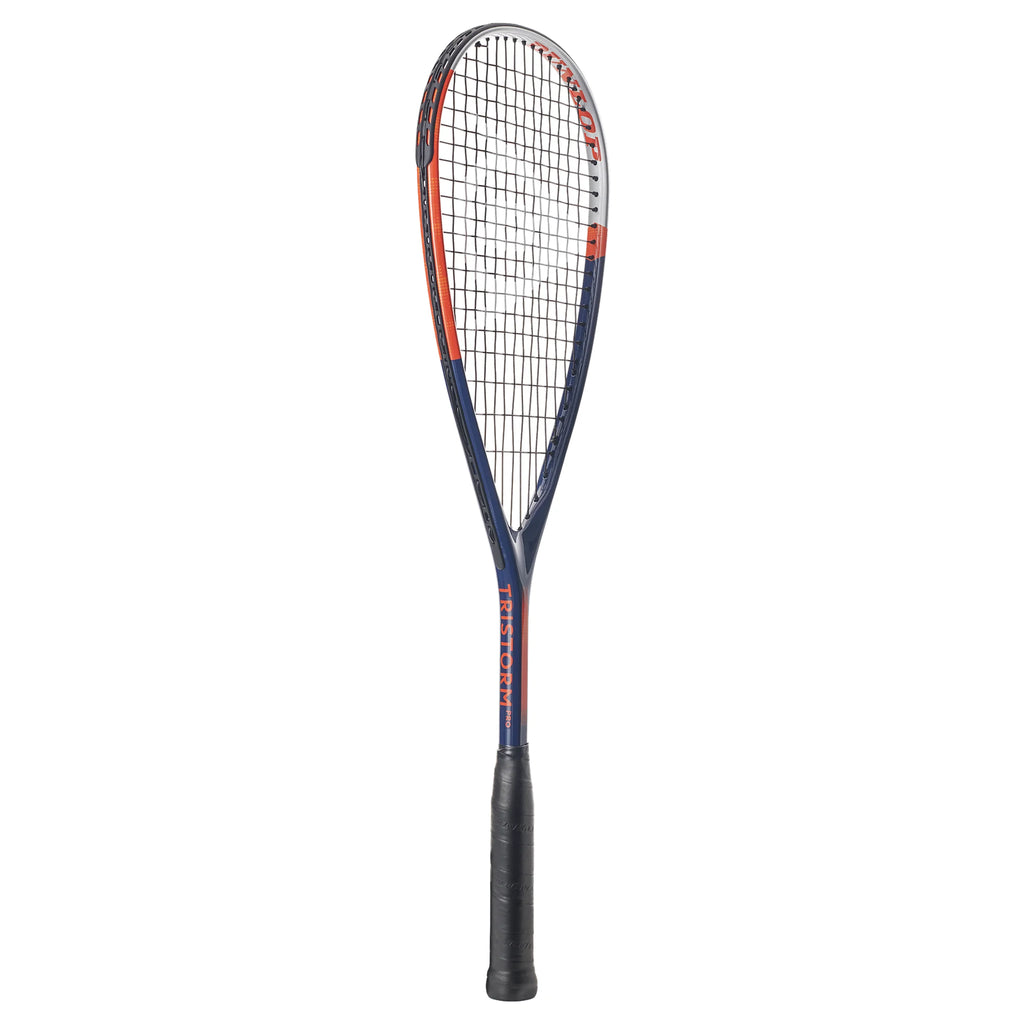 Side profile of Dunlop Tristorm Pro Squash Racket, 170 g head-light, 500 cm² head, highlighting slim beam and even grommets.