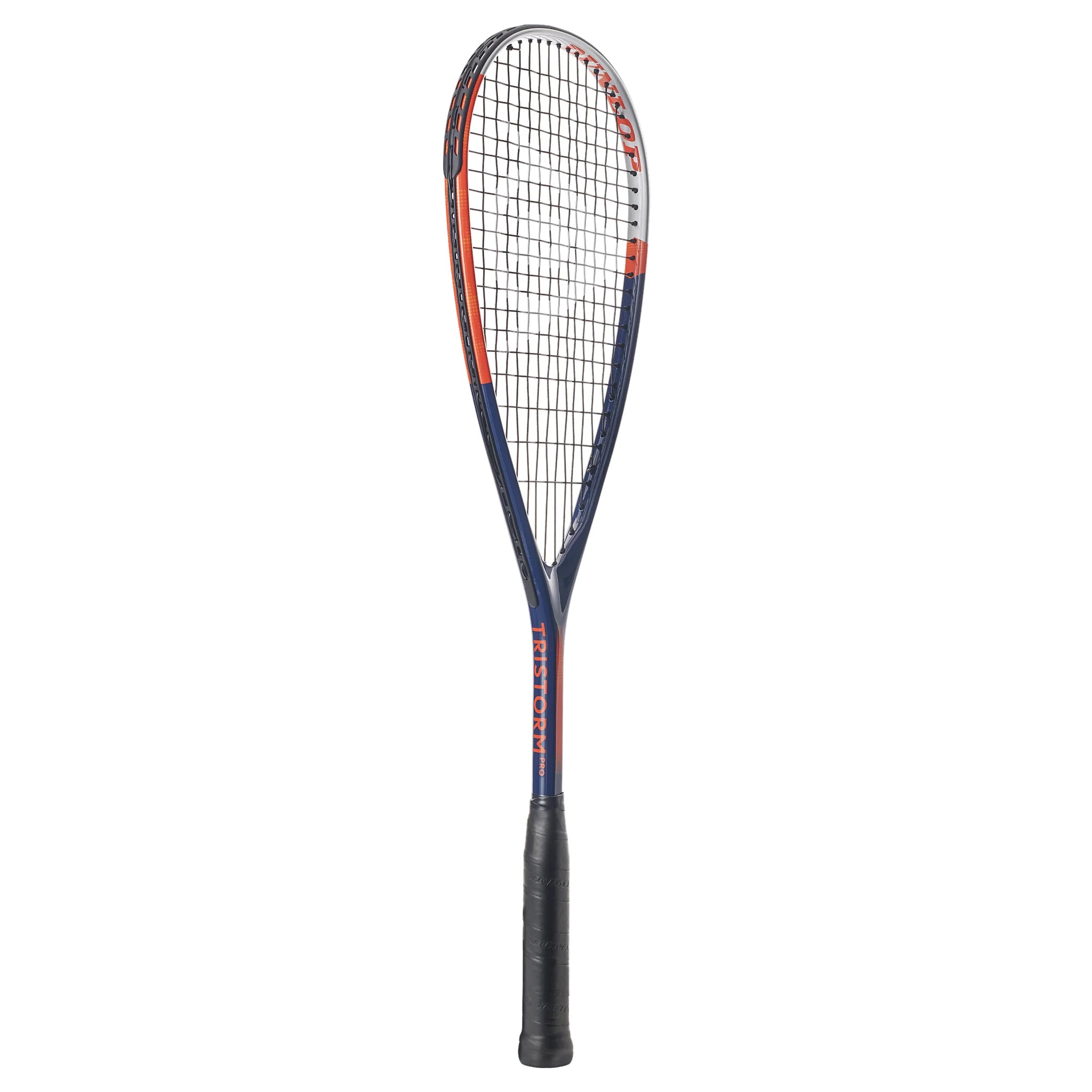 Side profile of Dunlop Tristorm Pro Squash Racket, 170 g head-light, 500 cm² head, highlighting slim beam and even grommets.