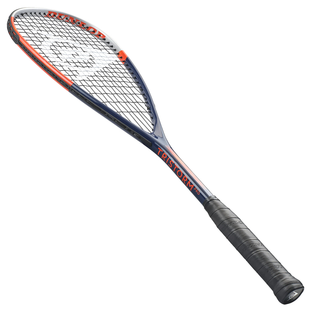 Angled 45° left view of Dunlop Tristorm Pro Squash Racket, 170 g head-light, 500 cm² head, highlighting grip wrap and taper.
