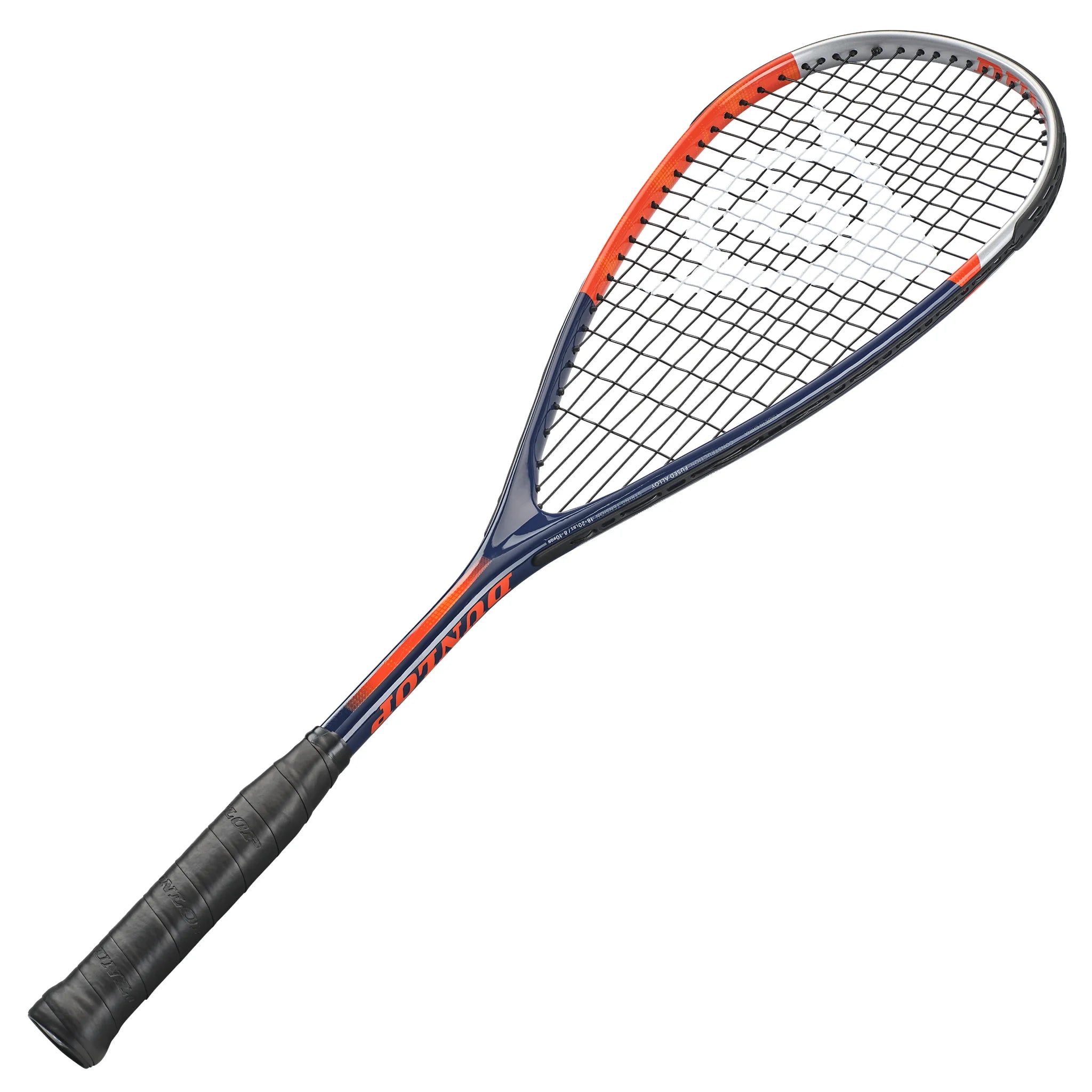 Angled 45° right view of Dunlop Tristorm Pro Squash Racket, 170 g head-light, 500 cm² head, highlighting aluminium throat.