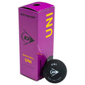 Box and ball image of Dunlop Uni Squash Ball – 3 Ball box, highlighting the three-ball pack and larger black ball