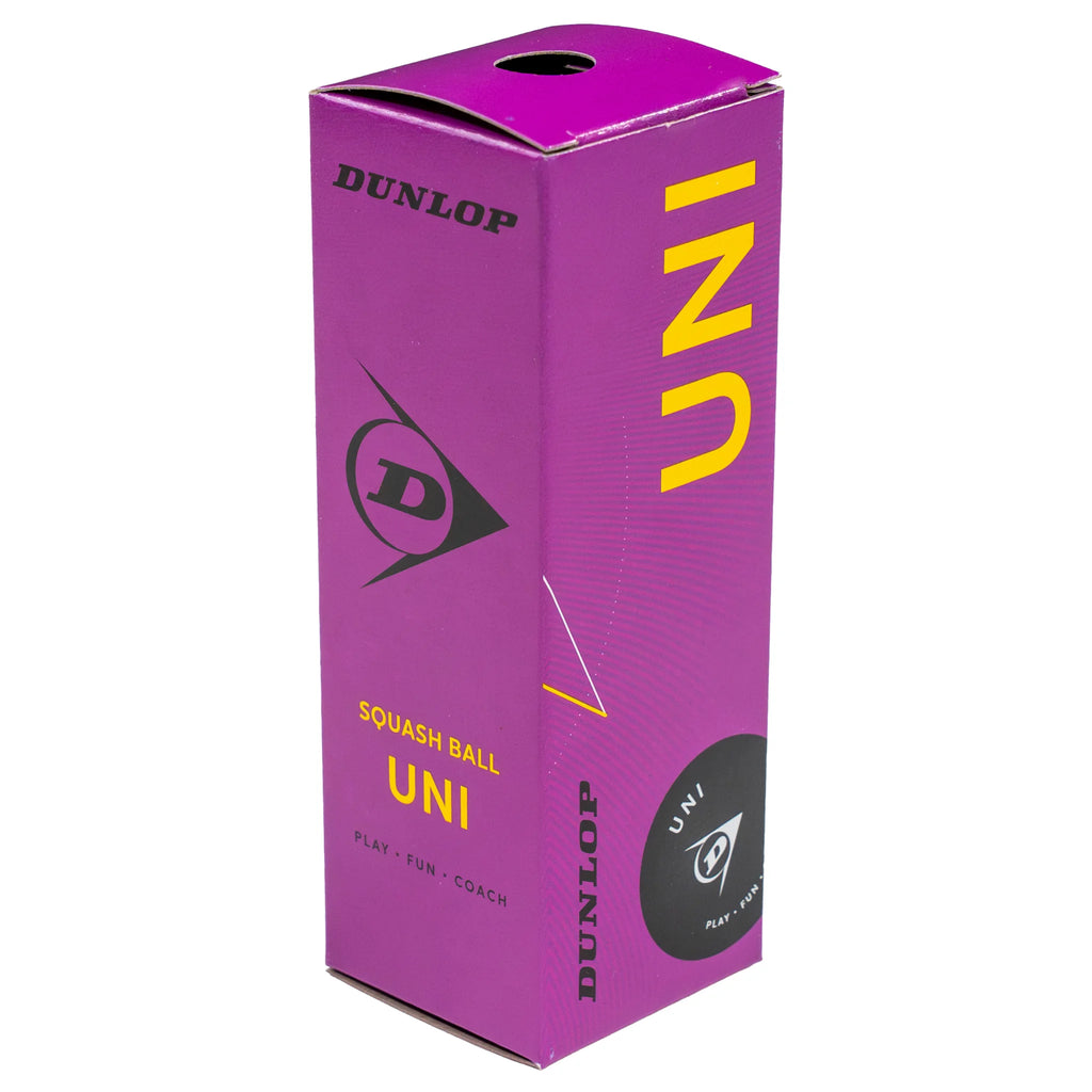 Box image of Dunlop Uni Squash Ball – 3 Ball box, highlighting the three-ball pack and larger black squash balls