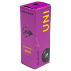 Box image of Dunlop Uni Squash Ball – 3 Ball box, highlighting the three-ball pack and larger black squash balls