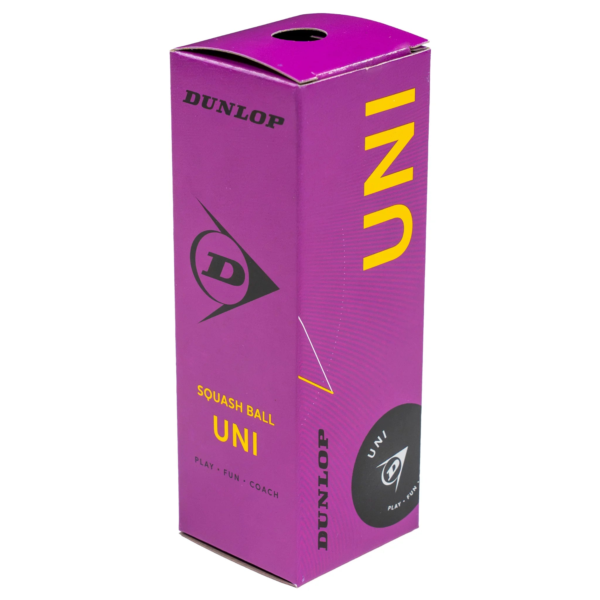 Box image of Dunlop Uni Squash Ball – 3 Ball box, highlighting the three-ball pack and larger black squash balls