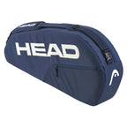 Side-on angled view of HEAD Base Racket Bag Small 16L, 76x32x9 cm, highlighting navy finish with front zip pocket detail.