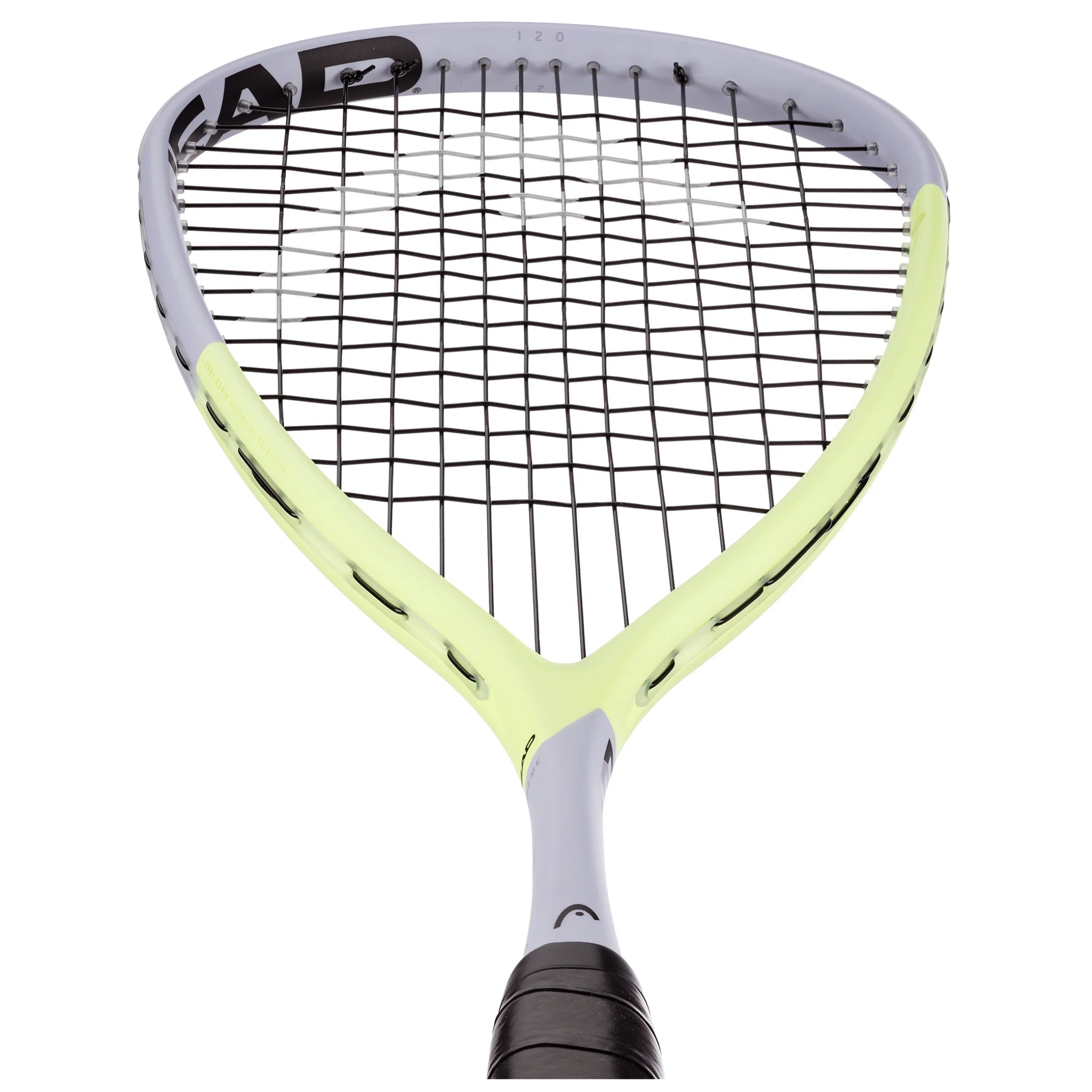 Head close-up of Head Extreme 120 Squash Racket 2025, 495 cm², 12x17, highlighting Power Holes grommets and sweet spot.