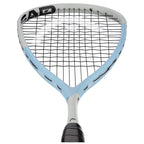 Head close up of Head Extreme 135 Squash Racket 2025, 495 cm², detailing Power Holes grommets and enlarged sweet spot.