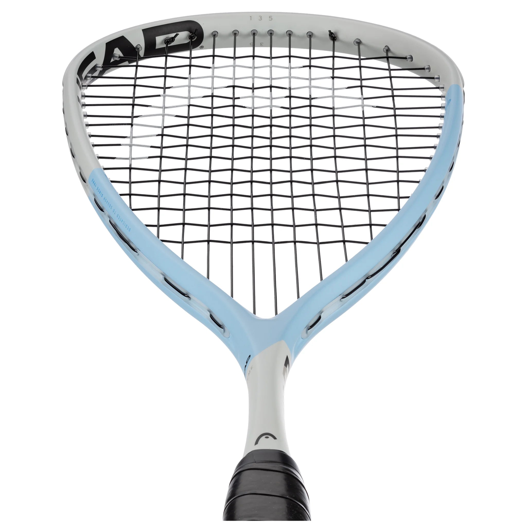 Head close up of Head Extreme 135 Squash Racket 2025, 495 cm², detailing Power Holes grommets and enlarged sweet spot.
