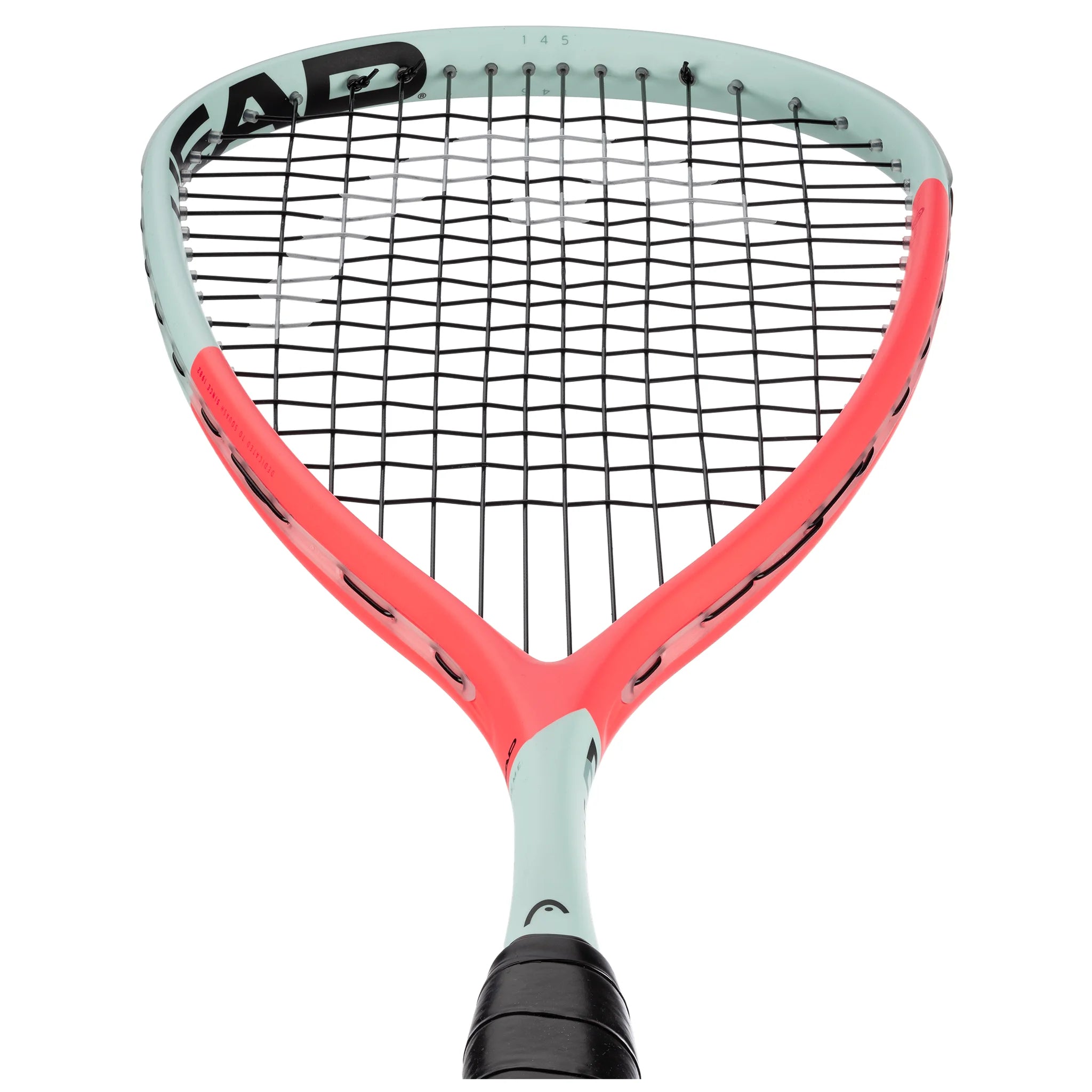 Head close up of Head Extreme 145 Squash Racket 2025, 12/17 string pattern, enlarged Power Holes for sweet spot expansion