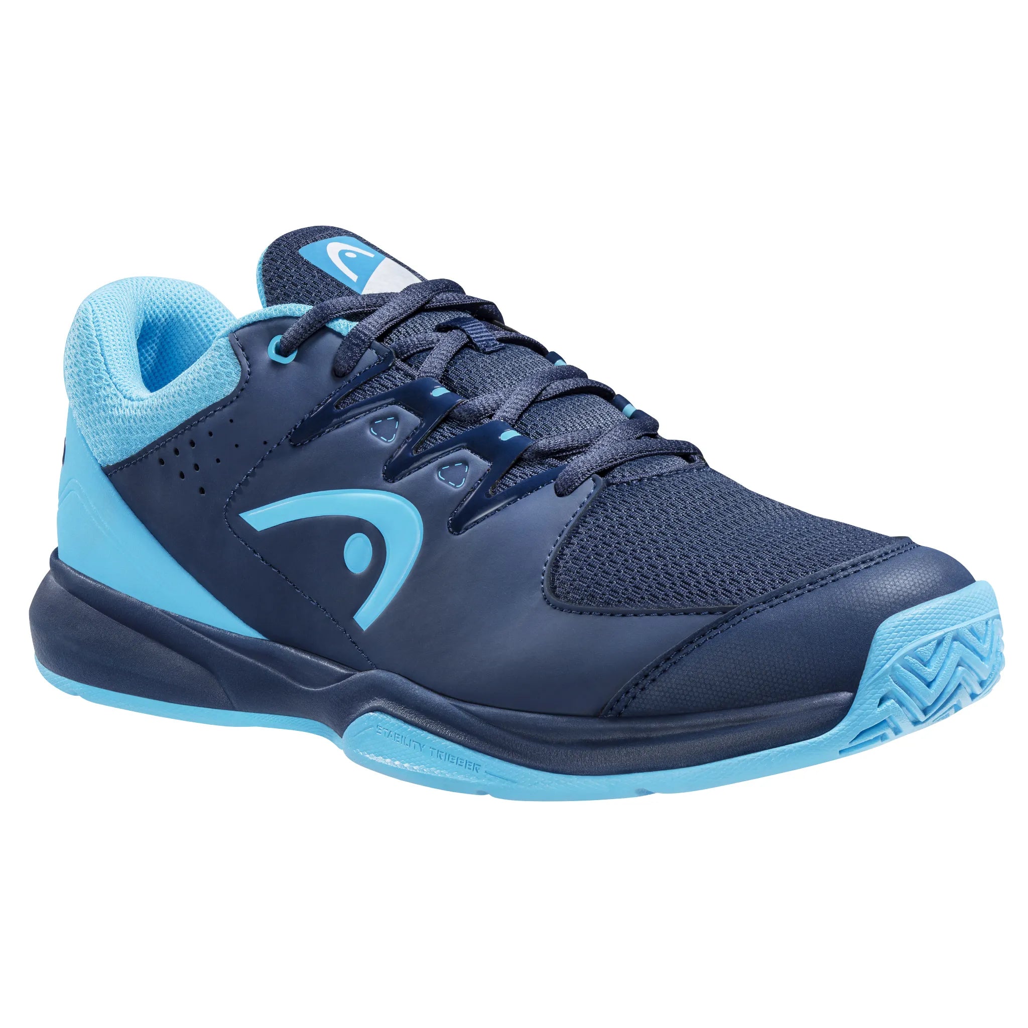 side angle view of Head Grid 3.5 Indoor Shoe Dark Blue & Aqua
