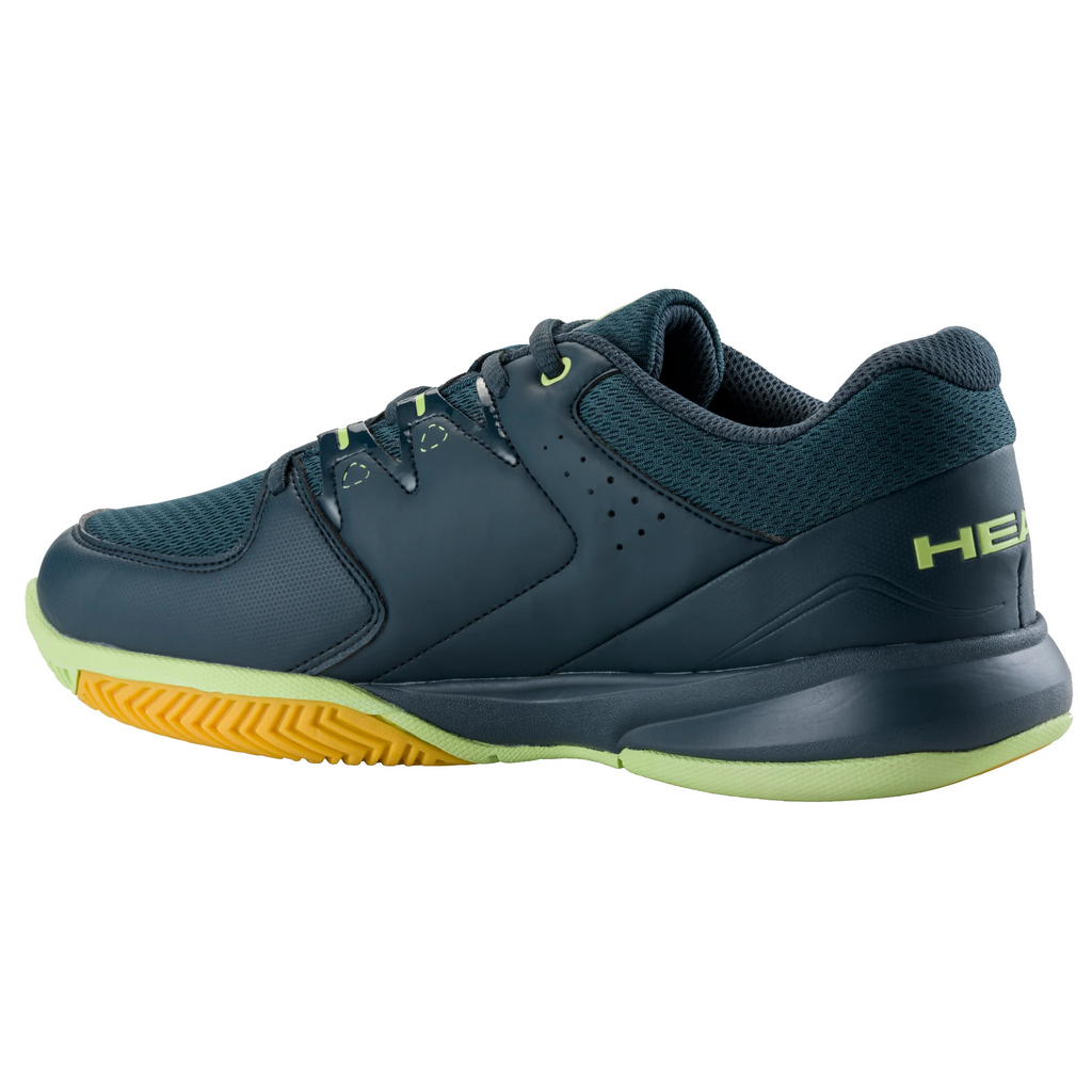 Opposite-side angled view of Head Grid 3.5 indoor shoe, lockdown lacing and toe-drag protection, in navy with lime accents.