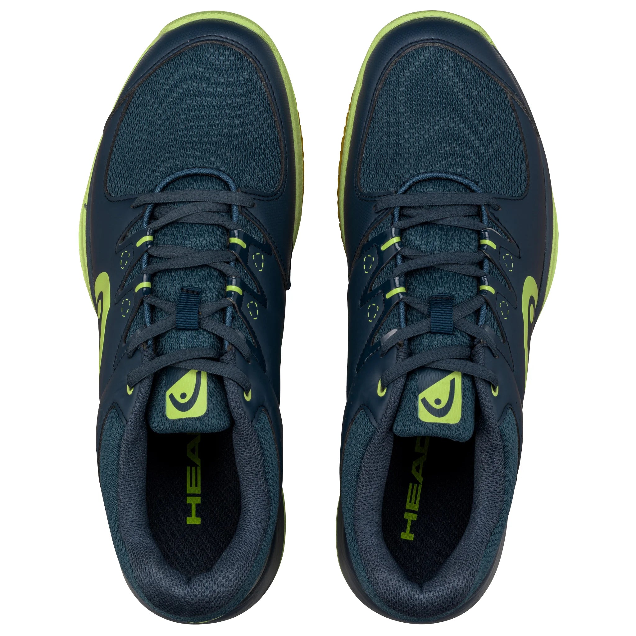 Top view of both Head Grid 3.5 Indoor Shoes, breathable mesh upper and lockdown lacing, showing dark navy and lime detail.