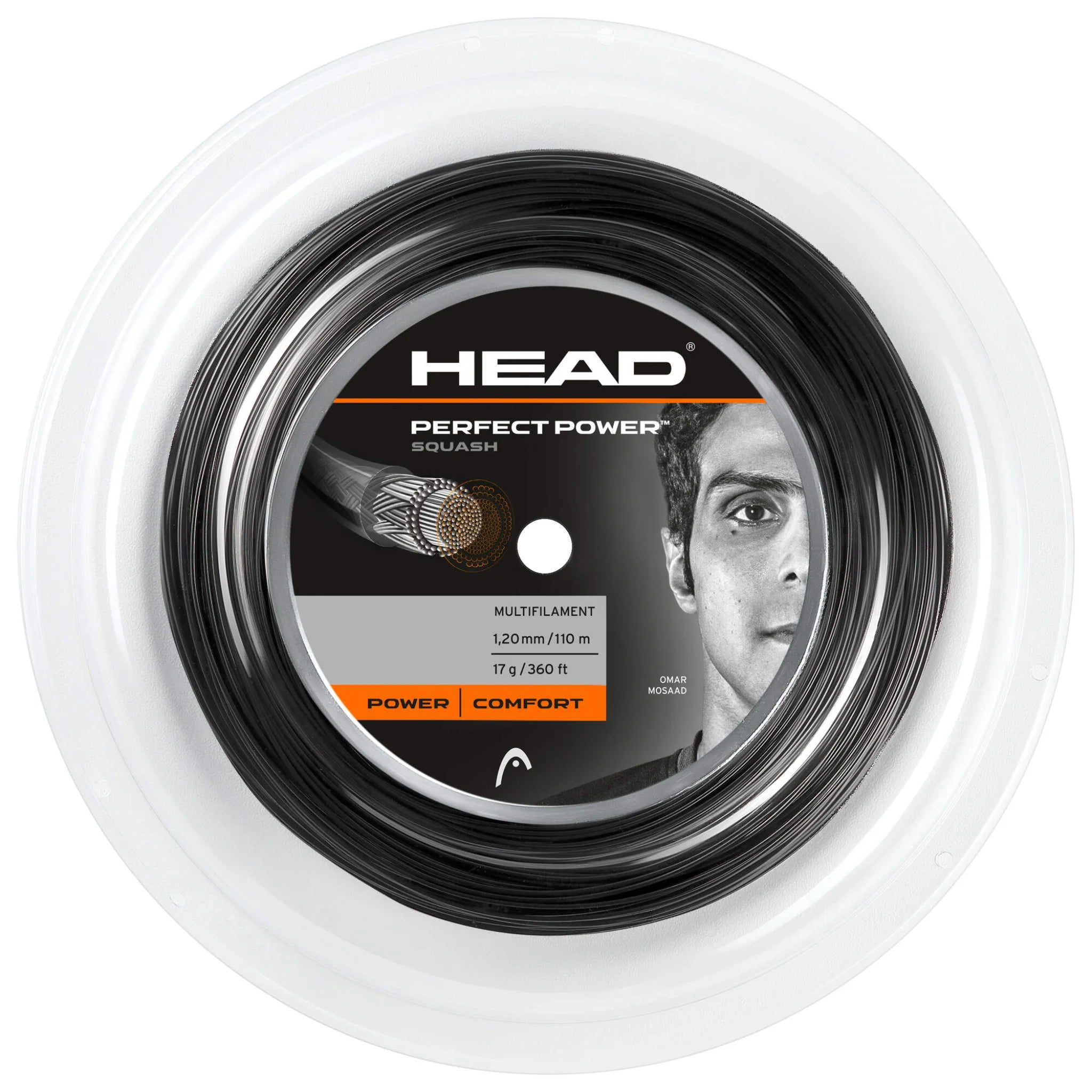 Front product image of Head Perfect Power Squash String 1.2mm 110m reel, highlighting the black reel design