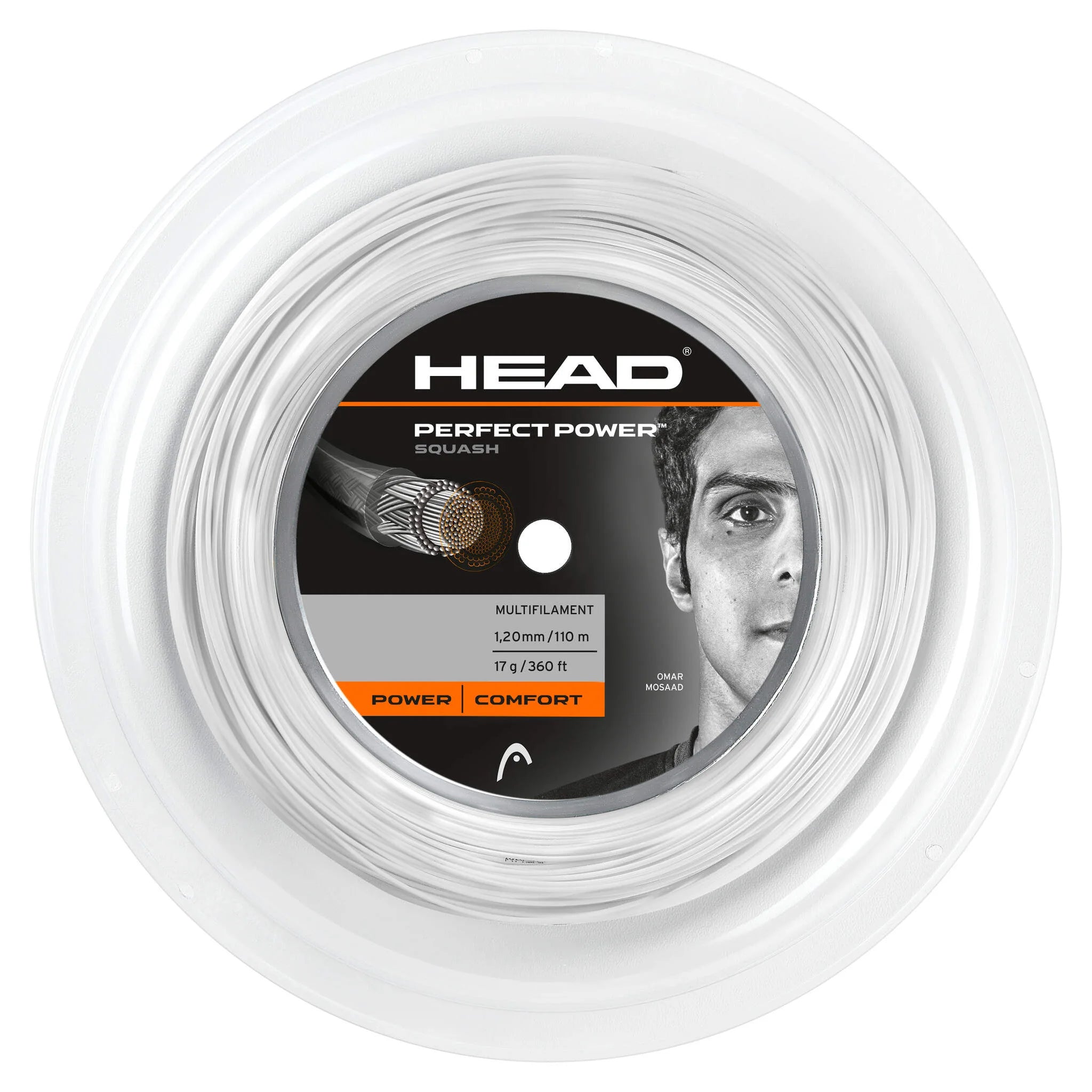 Front product image of Head Perfect Power Squash String 1.2mm 110m reel, highlighting the white reel design