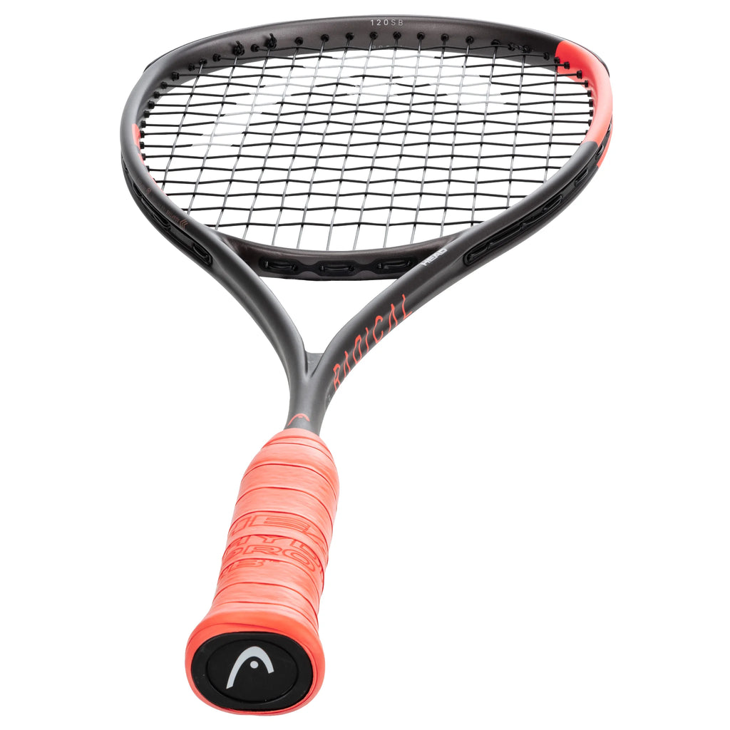 Bottom view of Head Radical 120 Slimbody 2026 Squash Racket, highlighting the grip and thin beam profile