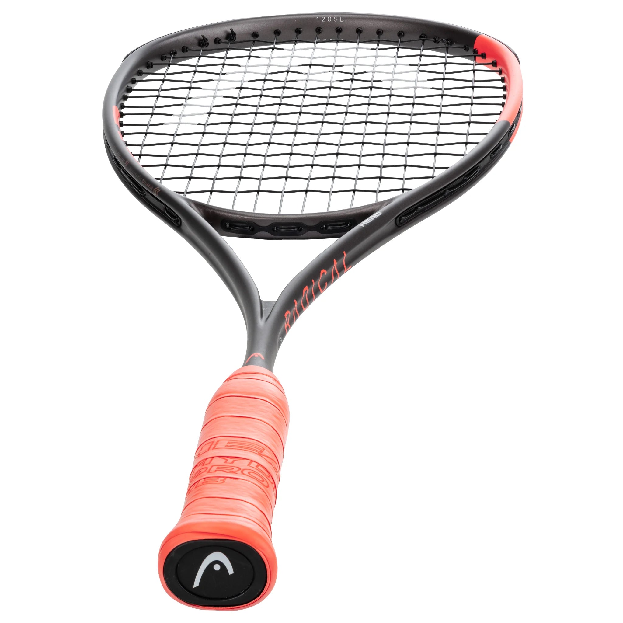 Bottom view of Head Radical 120 Slimbody 2026 Squash Racket, highlighting the grip and thin beam profile