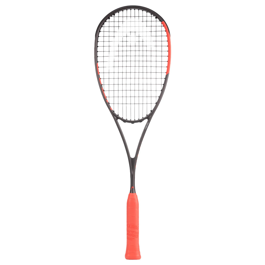 Front view of Head Radical 120 Slimbody 2026 Squash Racket, highlighting its asymmetrical design and orange details