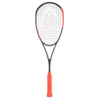 Front view of Head Radical 120 Slimbody 2026 Squash Racket, highlighting its asymmetrical design and orange details