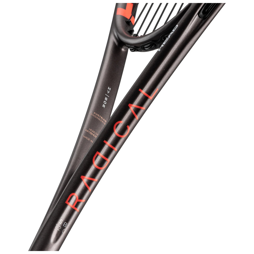Shaft detail of Head Radical 120 Slimbody 2026 Squash Racket, highlighting its modern asymmetrical graphics