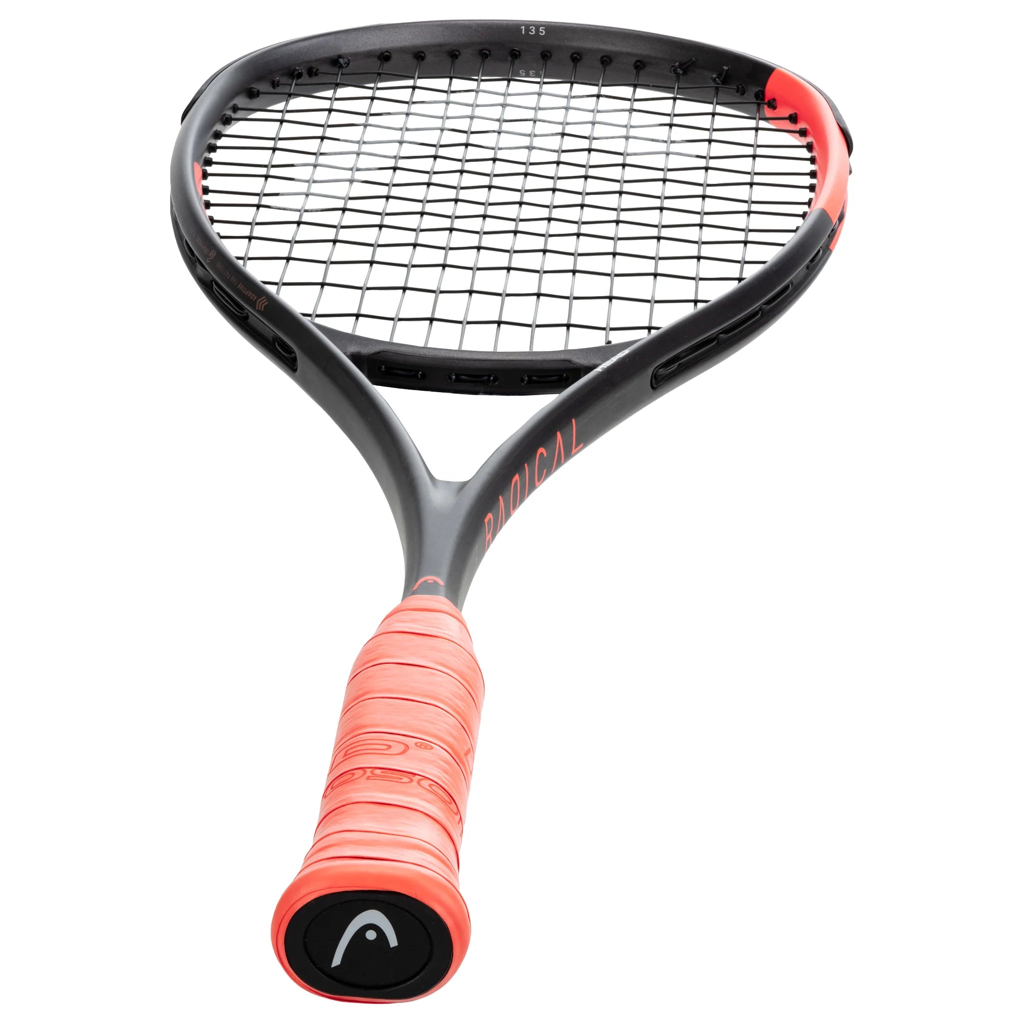 Bottom-view image of Head Radical 135 2026 Squash Racket, highlighting the 3 7/8 grip and head-heavy frame shape