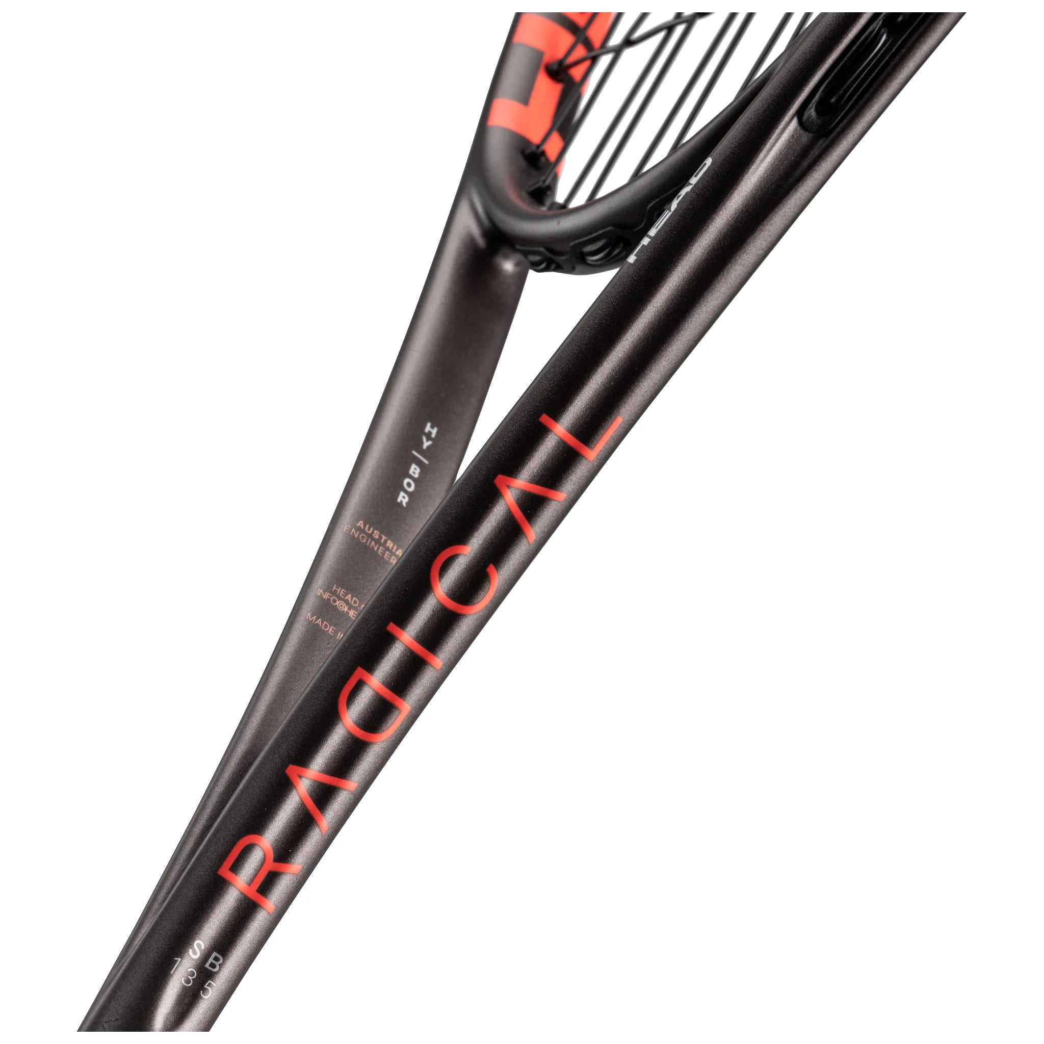 Shaft detail image of Head Radical 135 Slimbody 2026 Squash Racket, highlighting Hy-Bor and Graphene Inside technologies