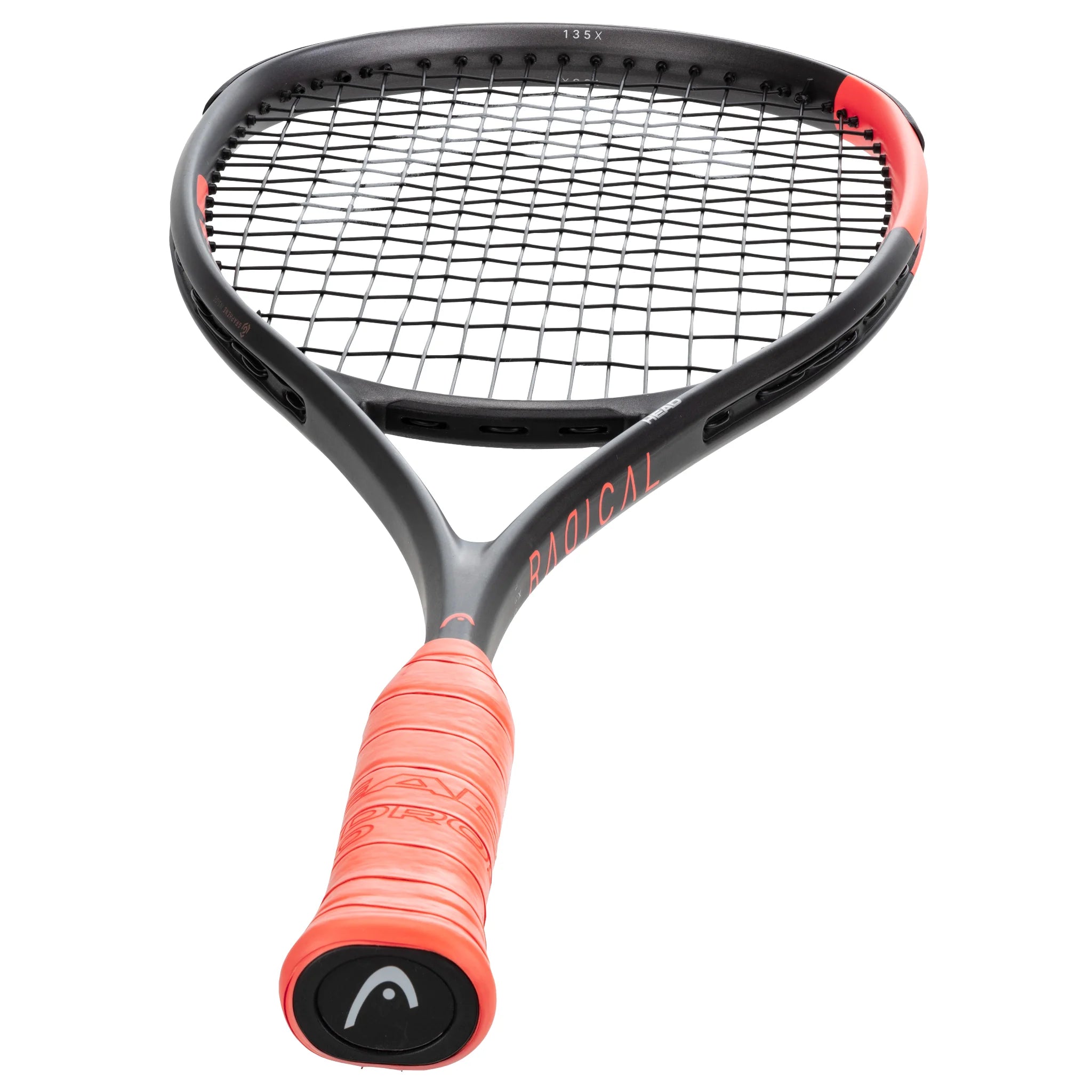 Bottom view of Head Radical 135 2026 Squash Racket with 3 7/8 grip, highlighting the racket profile from the grip end