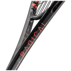 Shaft view of Head Radical 135 2026 Squash Racket with see-through carbon frame, highlighting carbon detail and orange accents