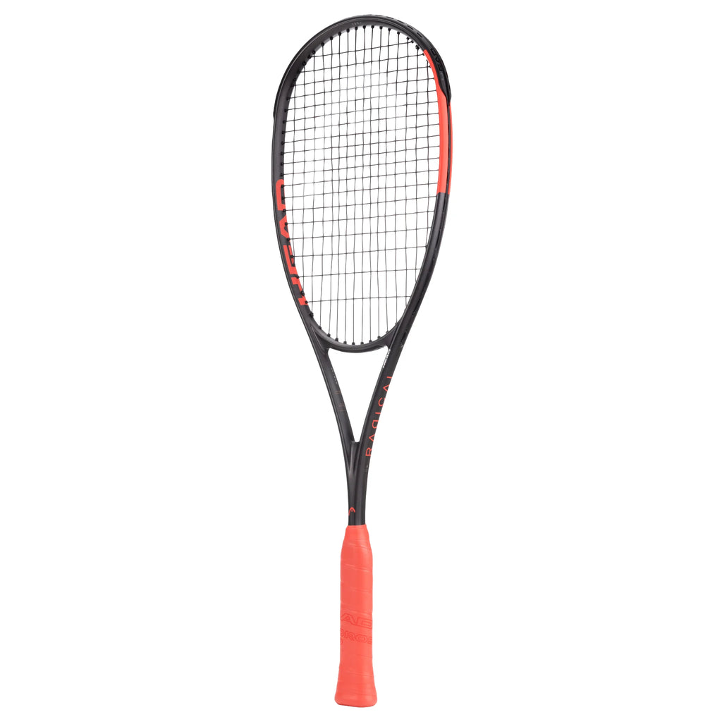 Side view of Head Radical 135 2026 Squash Racket with 20 mm beam, highlighting its asymmetrical profile and orange detailing
