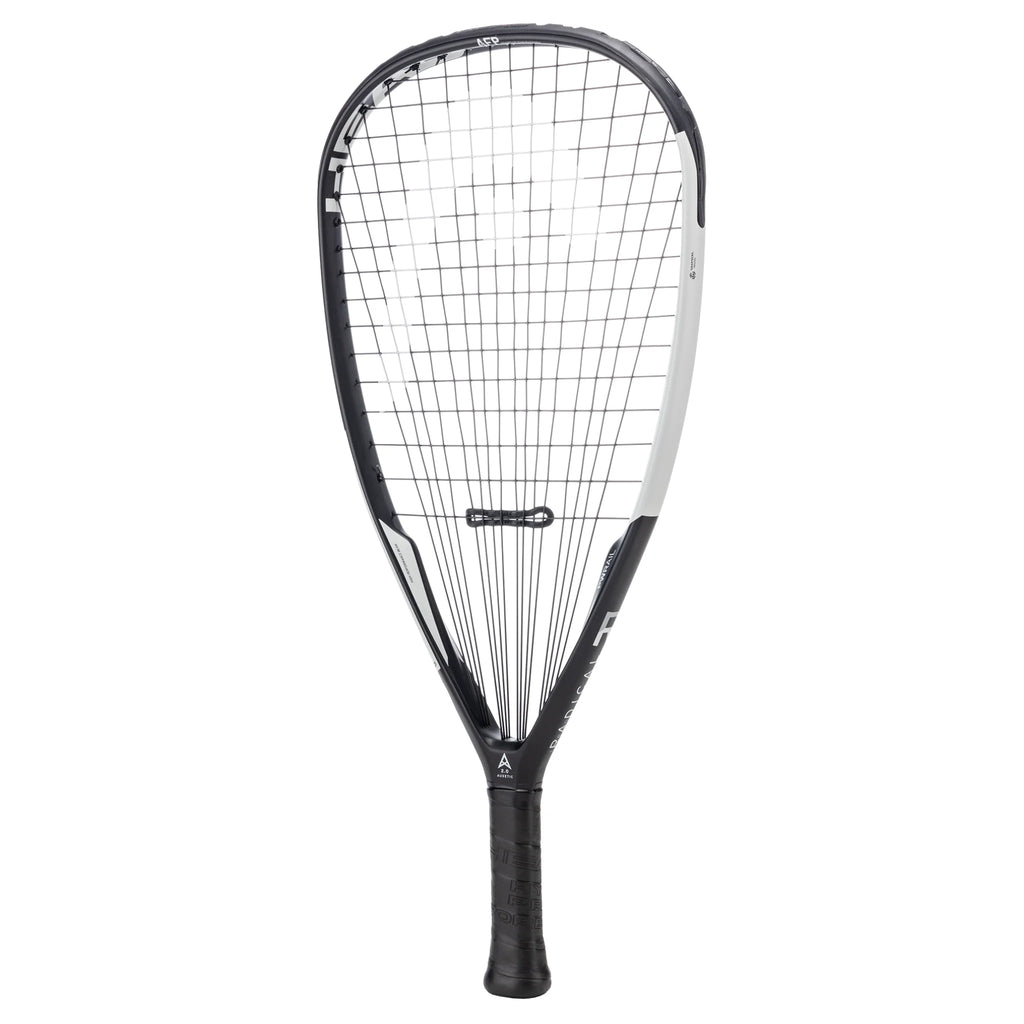 Side profile of HEAD Radical 180 racketball racket (2025), 180 g, 557 mm length, highlighting tapered 24–20.5–23 mm beam.