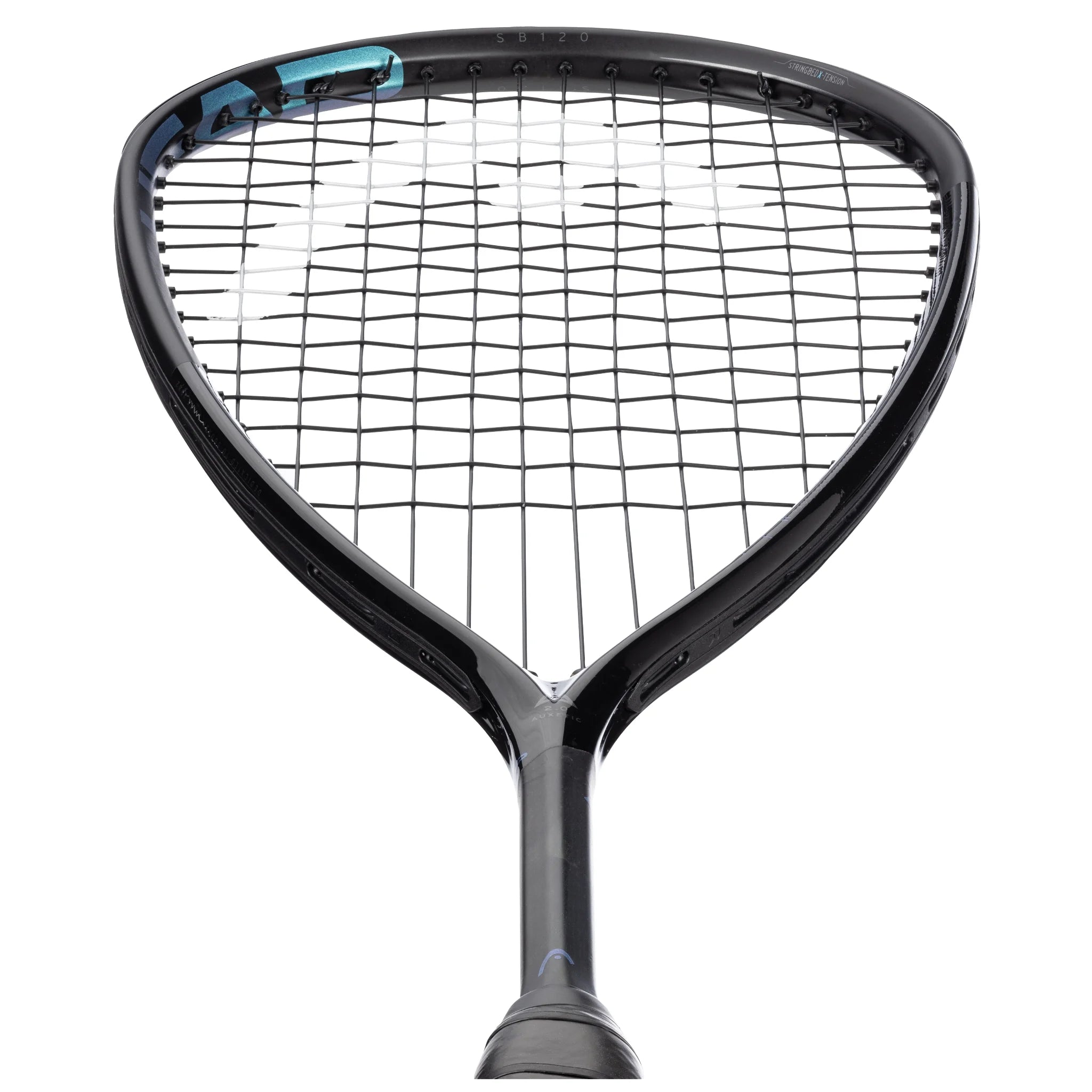 Head close up of HEAD Speed 120 Slimbody Squash Racket 2025, 12/17 pattern with Stringbed X-Tension, showing groove detail.