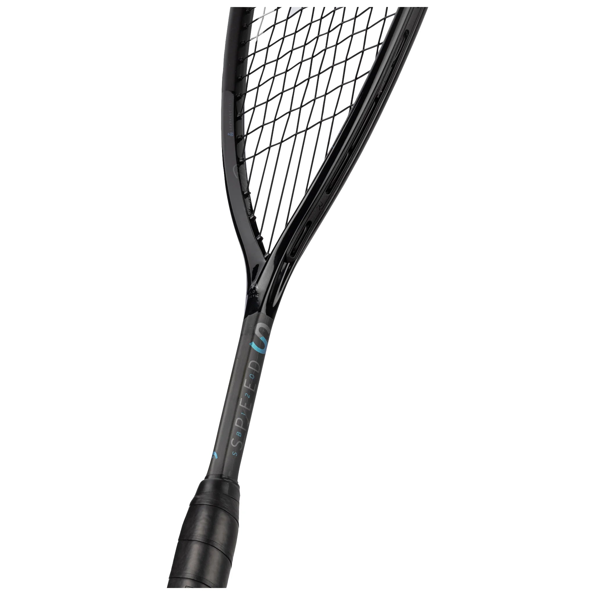 Shaft close up of HEAD Speed 120 Slimbody Squash Racket 2025 with Graphene Inside and Auxetic 2.0, highlighting raw carbon.