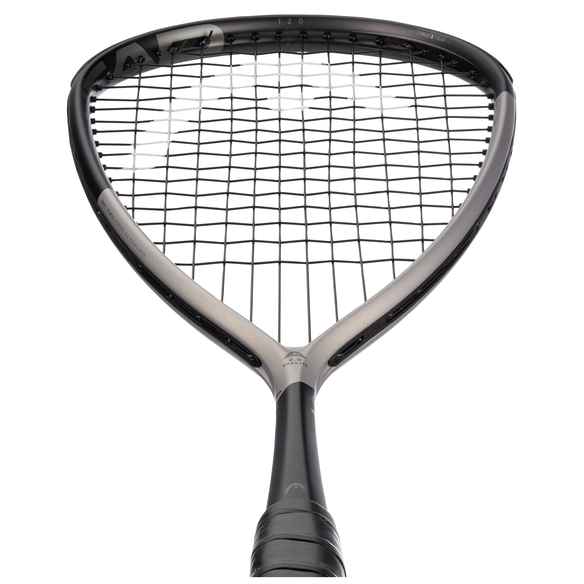 Head close-up of HEAD Speed 120 Squash Racket 2025, 12/17 or AFP 16/17, 500cm² head, highlighting Stringbed X-Tension groove.