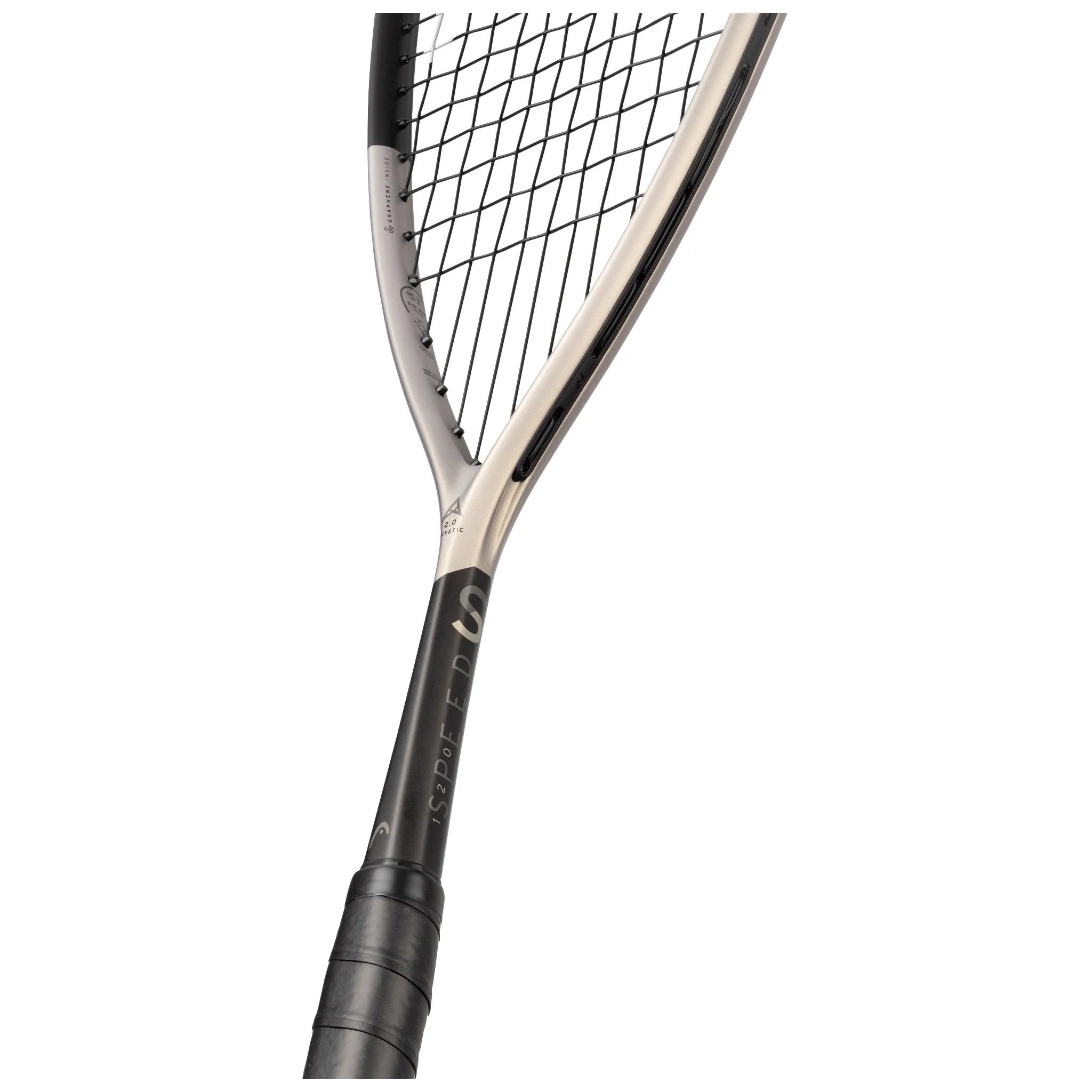 Shaft close-up of HEAD Speed 120 Squash Racket 2025 with OPT and Auxetic 2.0, highlighting HydroSorb Pro grip texture.
