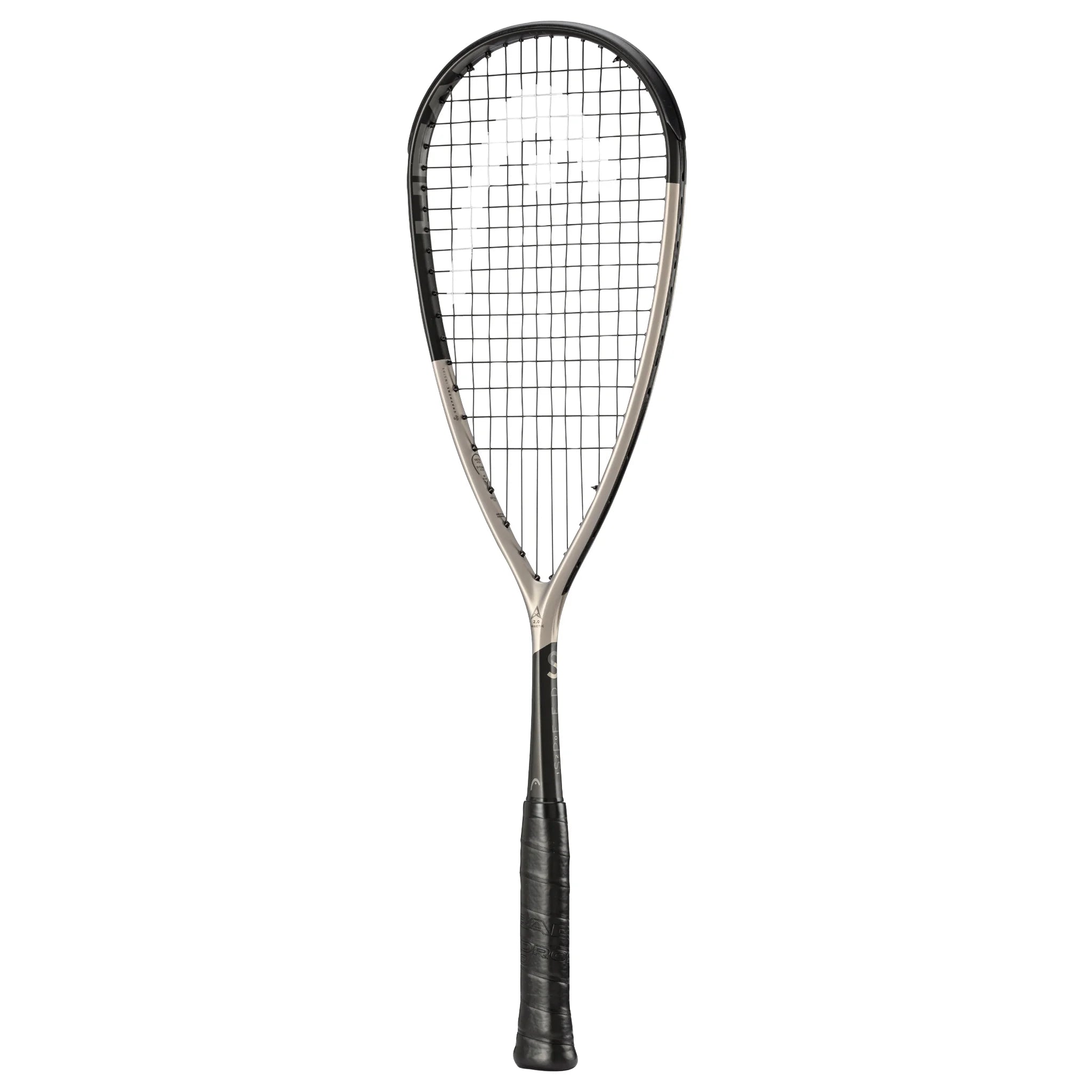 Side profile of HEAD Speed 120 Squash Racket 2025, 20mm beam, High Modulus Carbon, highlighting metallic champagne finish.