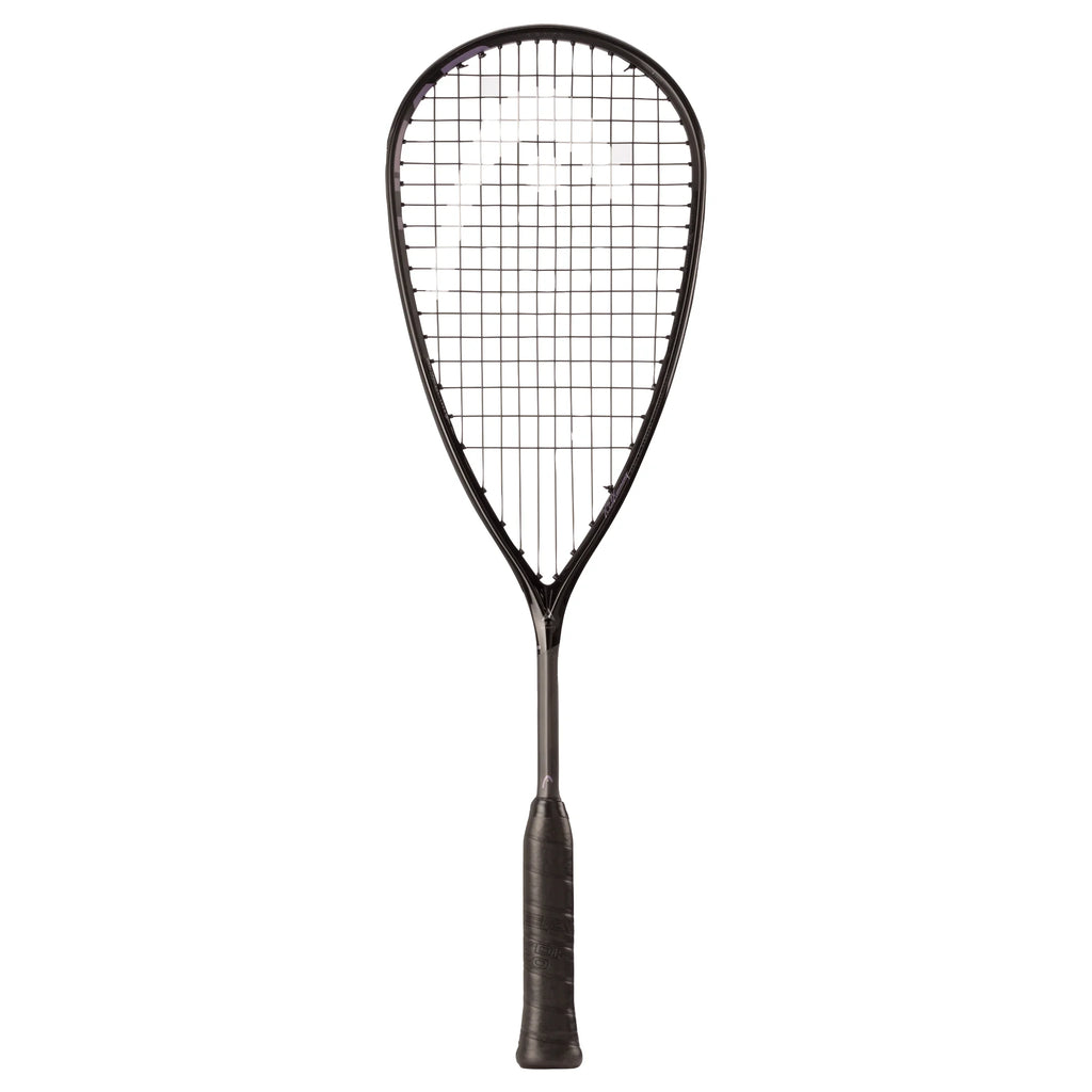 Front view of HEAD Speed 135 Slimbody Squash Racket 2025, 135g and 500cm² head, highlighting black shaft with purple accents.