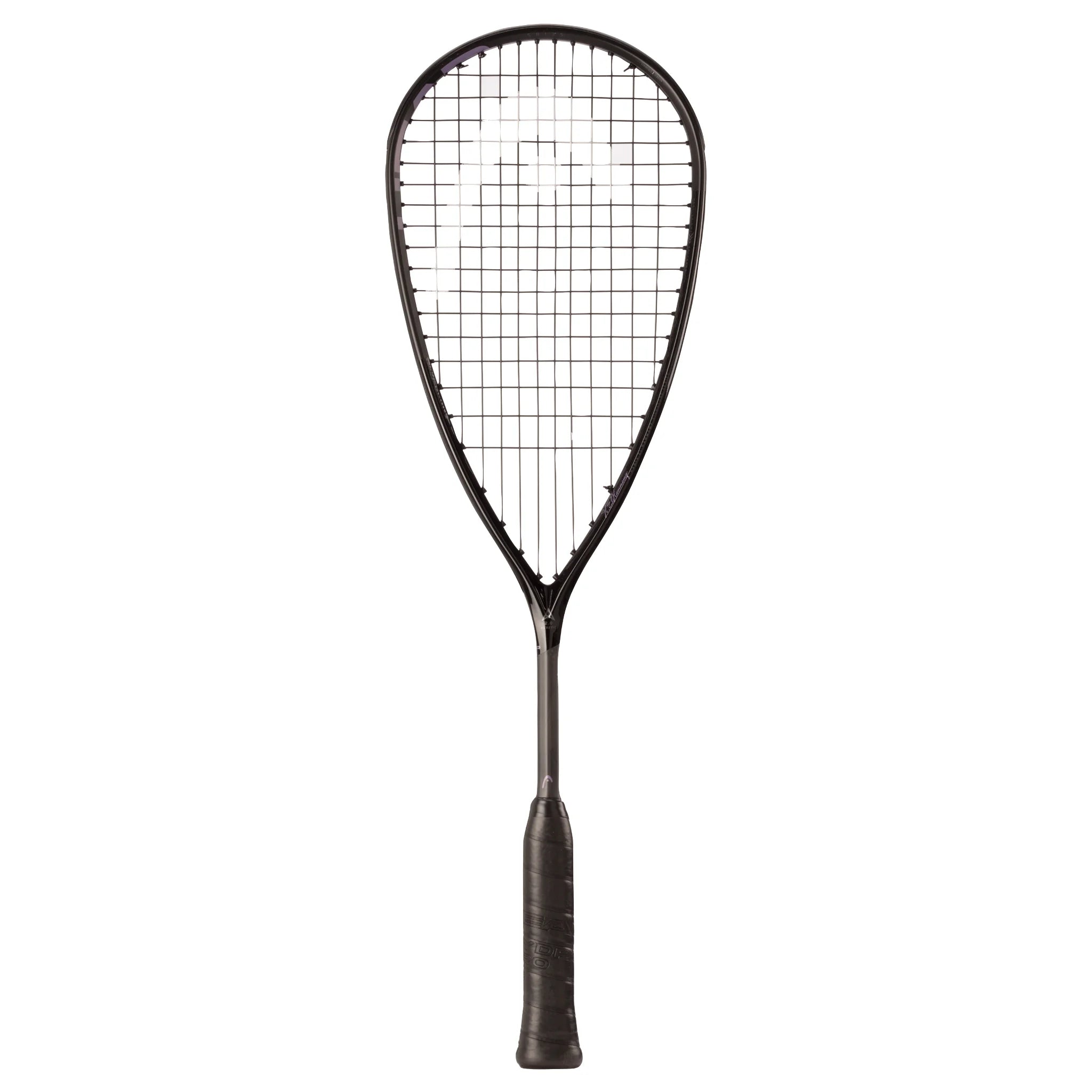 Front view of HEAD Speed 135 Slimbody Squash Racket 2025, 135g and 500cm² head, highlighting black shaft with purple accents.